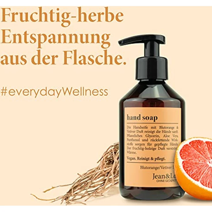 Jean & Len Handseife Blutorange & Vetiver, reinigt Hände sanft, Flüssigseife im Pumpspender für reine und gepflegte Hände, fruchtig-holziger Duft, ohne Parabene, Silikone & Mikroplastik, vegan, 250 ml – Bild 5