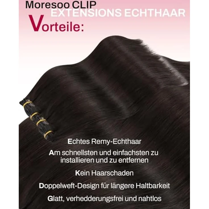 Moresoo Clip in Extensions, 45 cm Echthaar, 7 Stück, 120 g, leicht zu tragen, in verschiedenen Farbabstimmungen – Bild 2