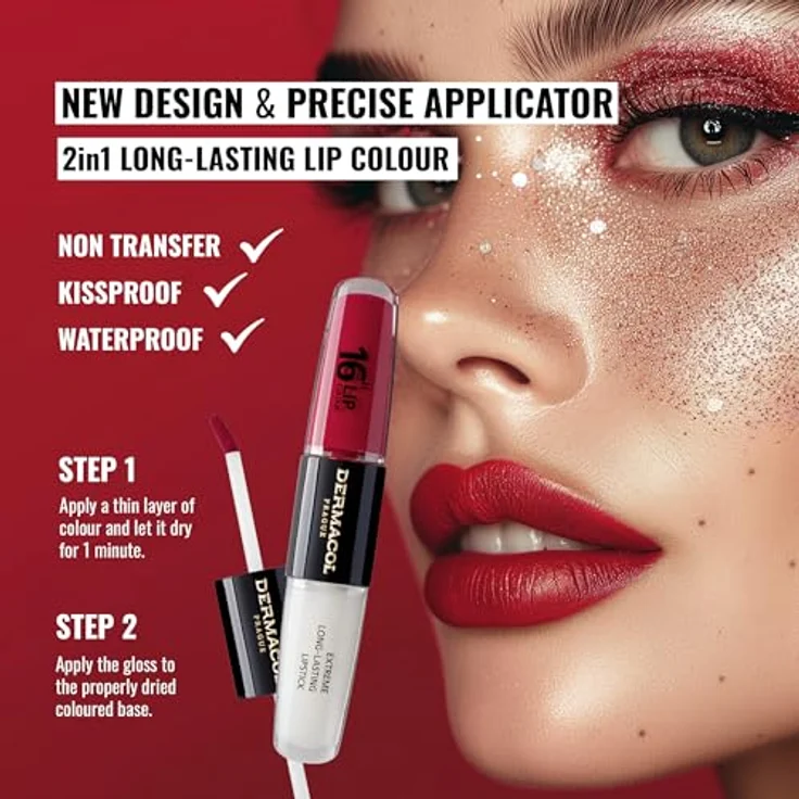 Dermacol 16H Lip Colour, langlebiger, glänzender Lippenstift, Farbton 03 Hot Date, 2x4 ml, hochpigmentierte Textur mit Langzeiteffekt und Vitamin E – Bild 2