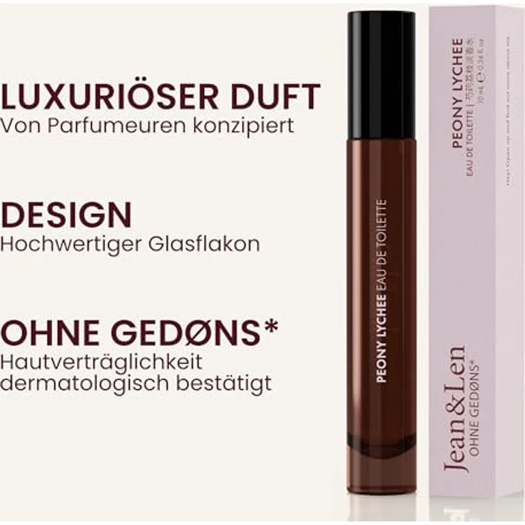 Jean & Len Eau de Toilette Peony & Lychee, 10 ml Mini Parfum im hochwertigen Glas Flacon, blumiger Duft mit Pfingstrose & Litschi, vegan, ideal für unterwegs – Bild 4