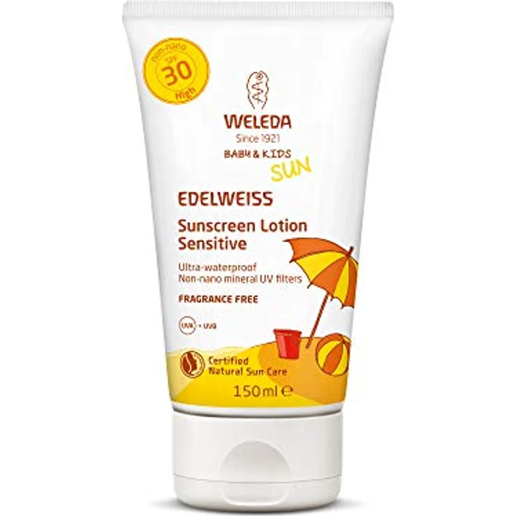 WELEDA Baby und Kids Edelweiss Sensitiv Sonnenmilch LSF 30, sofortiger Naturkosmetik Sonnenschutz mit UV-Filtern für Babys, Kinder und sensible Haut, parfümfrei und wasserfest (1 x 150 ml) – Bild 1