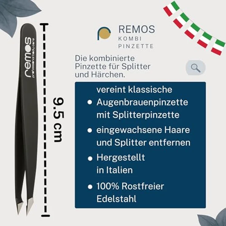 remos professional body care REMOS Kombipinzette 2in1, Edelstahl [INOX] rostfrei, 9.5 cm, schwarz für Splitter und Haare – Bild 3