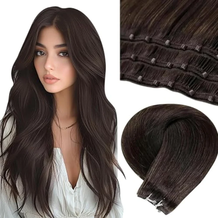 LaaVoo Echthaar Tressen Extensions mit Micro Rings, 12 Zoll Breit, EZE Weft, glatt, #2, 50g, 45cm – Bild 1