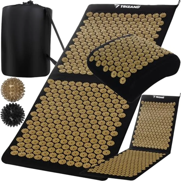 Trizand Akupressurmatte Entspannungsmatte Schwarz/Gold, Spar-Set mit Kissen und 2 Massagebällen, fördert Durchblutung und reduziert Muskelverspannungen