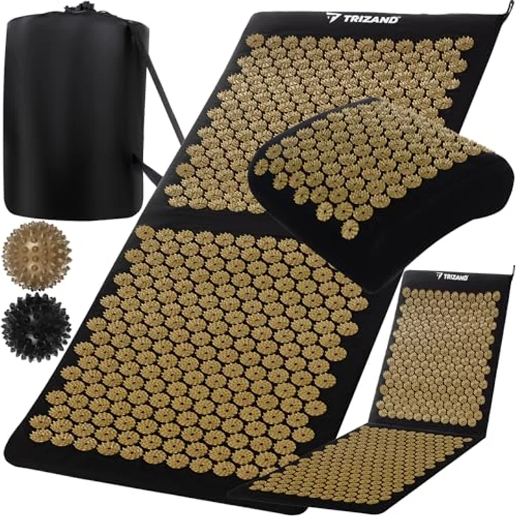 Trizand Akupressurmatte Entspannungsmatte Schwarz/Gold, Spar-Set mit Kissen und 2 Massagebällen, fördert Durchblutung und reduziert Muskelverspannungen – Bild 1