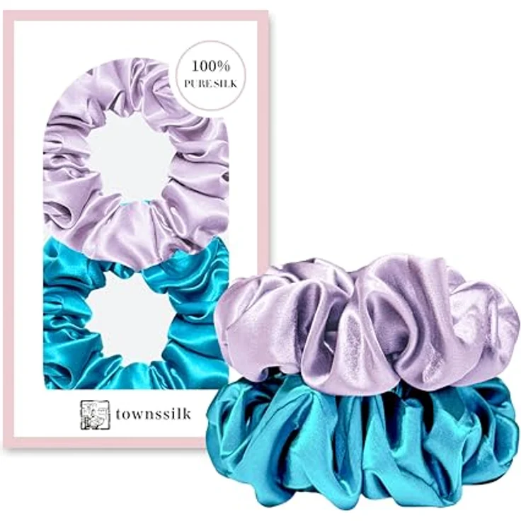 townssilk Seiden Scrunchie 2er-Set, 100% Maulbeerseide 6A/22 Momme, haarschonend und elastisch ohne Abdrücke, Lavender & Bahama Blue – Bild 1