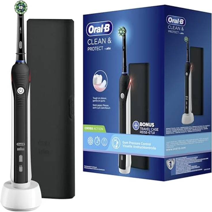 Braun Oral-B elektrische Zahnbürste Clean & Protect Cross Action Black Edition mit Reise-Etui, visuelle Andruckkontrolle und 2 Wochen Akkulaufzeit – Bild 2