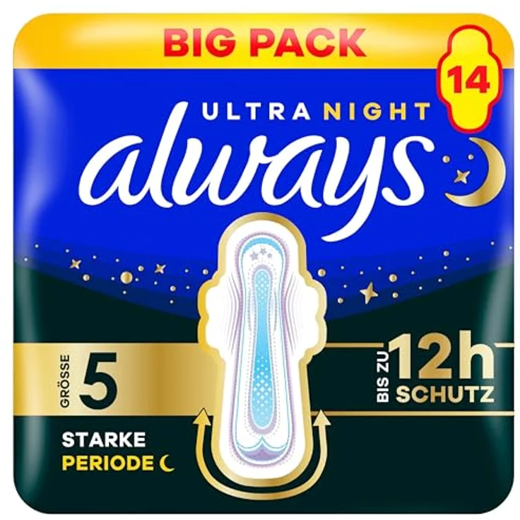 Always Ultra Damenbinden Größe 5, 14 Stück, sehr saugfähig, ultradünn, Mit Flügeln, bis zu 12 Stunden Schutz, LeakGuard-Technologie – Bild 1