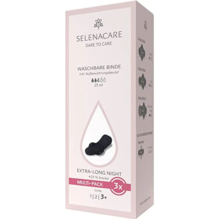 Selenacare Waschbare Binde (3er Multipack, Größe 3 Plus) - antibakteriell, geruchshemmend, wiederverwendbar, 100% vegan, mit Aufbewahrungsbeutel – Bild 3