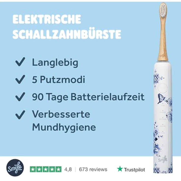 Smyle Sonic Elektrische Zahnbürste, 5 Reinigungsmodi, Drucksensor, Delfter Blau – Bild 2