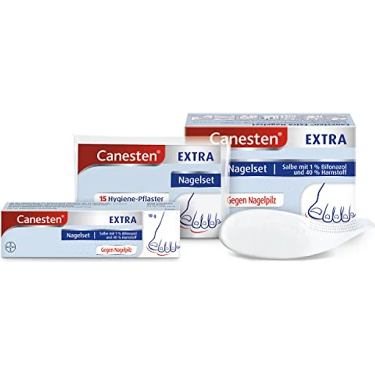Canesten Extra Nagelset zur Behandlung von Nagelpilz mit Salbe, 5 Hygiene-Pflastern und Spatel – Bild 1