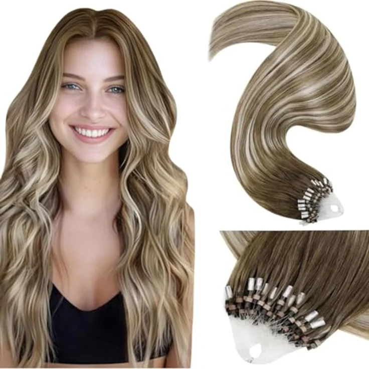 LaaVoo Microring Extensions Echthaar, Balayage Ombre Hellbraun bis Platinblond, 55cm 50g #8/60/8, wiederverwendbar und hitzestyling geeignet – Bild 1