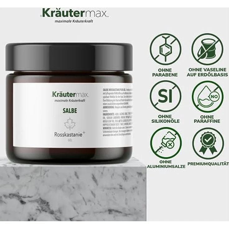 Kräutermax Rosskastanie Salbe Gel Hochdosiert Extrakt Beine Kühlen 100 ml, natürliche Pflege mit Rosskastanien Öl, Eukalyptus und Menthol – Bild 4