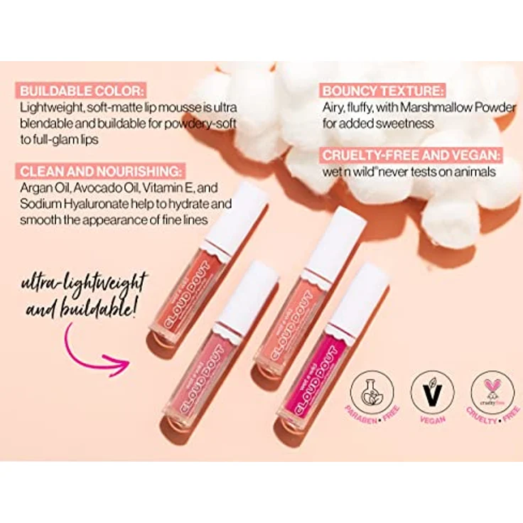 Wet n Wild Cloud Pout Marshmallow Lip Mousse, flüssiger Lippenstift in Pour Some Suga On Me, 3 ml, vegan mit Satin-Effekt – Bild 2