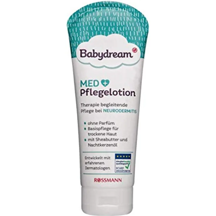 Babydream MED Pflegelotion, begleitende Pflege bei Neurodermitis, ohne Parfüm, Basispflege für trockene Haut, mit Sheabutter & Nachtkerzenöl, 200 ml
