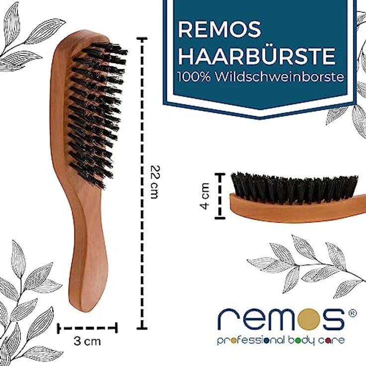 remos professional body care REMOS Haarbürste, 100% Wildschweinborste aus Birnbaumholz, schmaler Griff, ergonomisches Design, plastikfrei – Bild 5