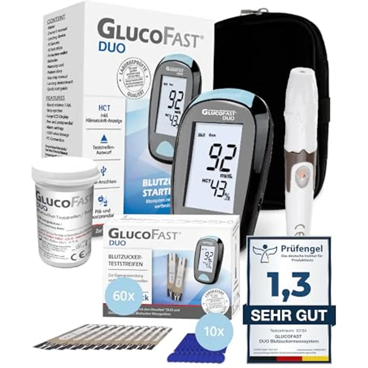 GLUCOFAST Duo Blutzuckermessgerät Set mit 60 Teststreifen & 10 Lanzetten | Präzises Diabetes-Messsystem mit Speicherfunktion und einfacher Handhabung | Hohe Genauigkeit – Bild 1