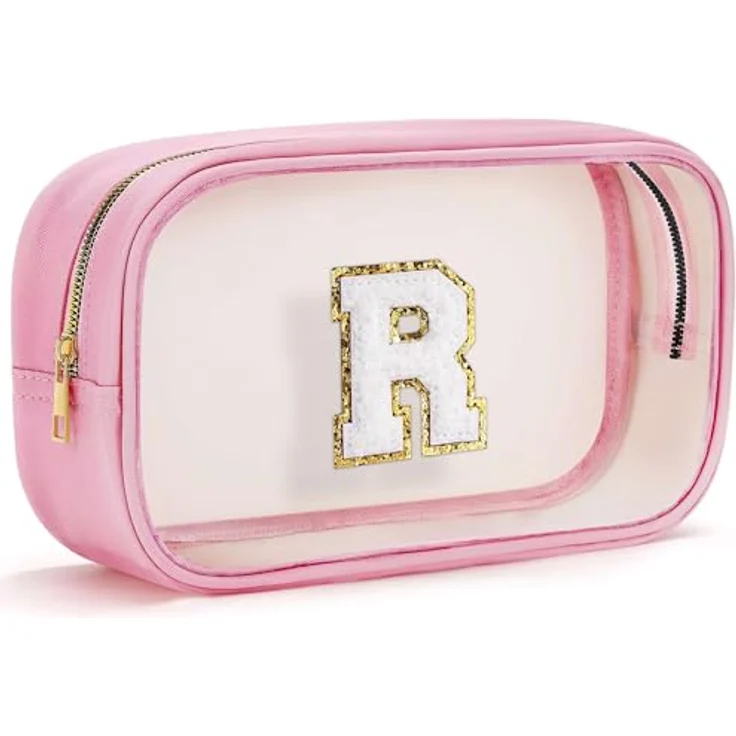 Parima Personalisierte Kosmetiktasche, Transparente Make-Up Tasche in Rosa mit Initialen R, Wasserdicht und leicht zu reinigen, 27 x 15 x 8 cm – Bild 1