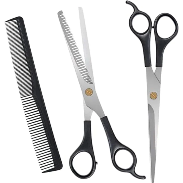 URAQT Friseurschere Set, 3-teiliges Profi Set mit Haarschneider & Effilierschere, scharfe Klingen für Männer, Frauen, Kinder und Haustiere, schwarz – Bild 1