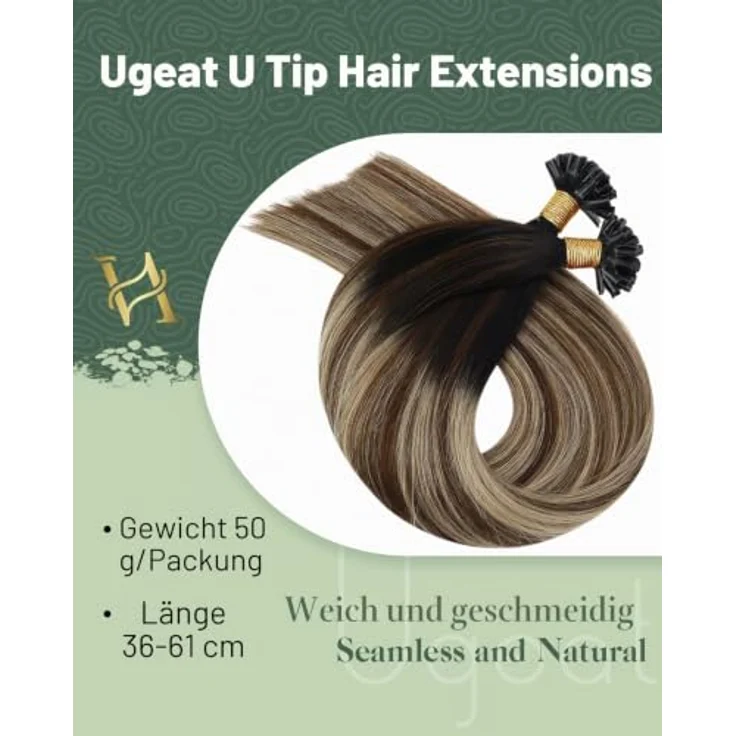 Ugeat Echthaar Bondings Extensions, Ombre Braun Blond, 45 cm, 50 Strähnen, Remy-Haar, U Tip Keratin-Bond – Bild 3