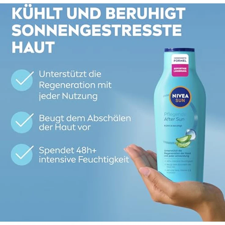 NIVEA SUN Pflegende After Sun Lotion, 400 ml mit Bio-Aloe Vera, Vitamin E & Hyaluron für 48h Feuchtigkeit, hautberuhigende Wirkung – Bild 2