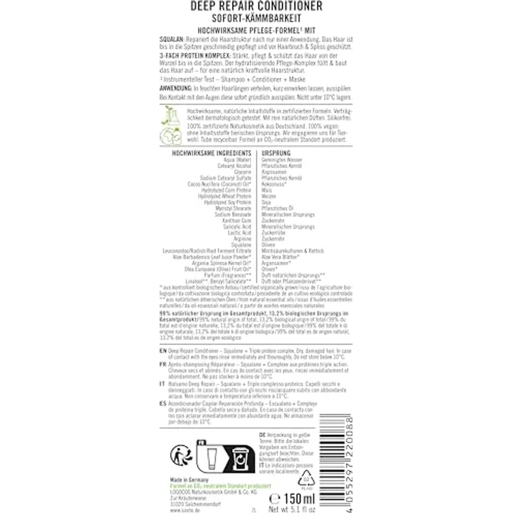 SANTE Naturkosmetik Deep Repair Conditioner Squalan + 3-Fach Protein Komplex, vegane und feuchtigkeitsspendende Pflegespülung für geschmeidiges Haar, 150 ml – Bild 2