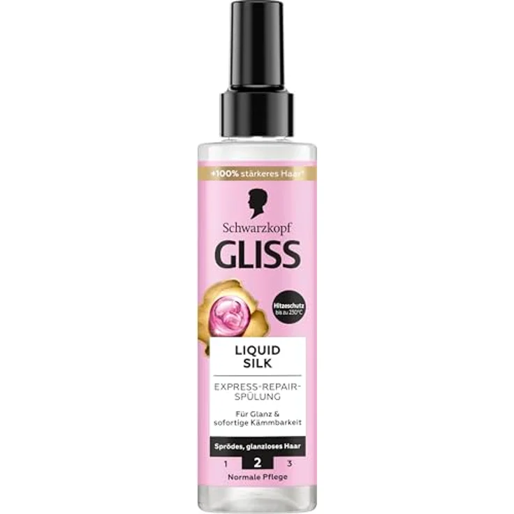 Gliss Express-Repair-Spülung Liquid Silk (200 ml), Pflegespülung mit Hitzeschutz bis 230 °C für außergewöhnlich weiches Haar, mit Ceramide und Seide – Bild 2