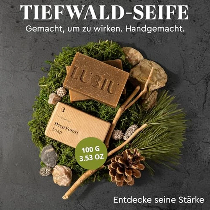 lubiu Tiefwald Seife 100g - 3in1 Feste Duschseife für Männer (Körper, Haare & Bart), Naturseife mit erdigem Duft aus ätherischen Ölen, vegan und palmölfrei – Bild 2