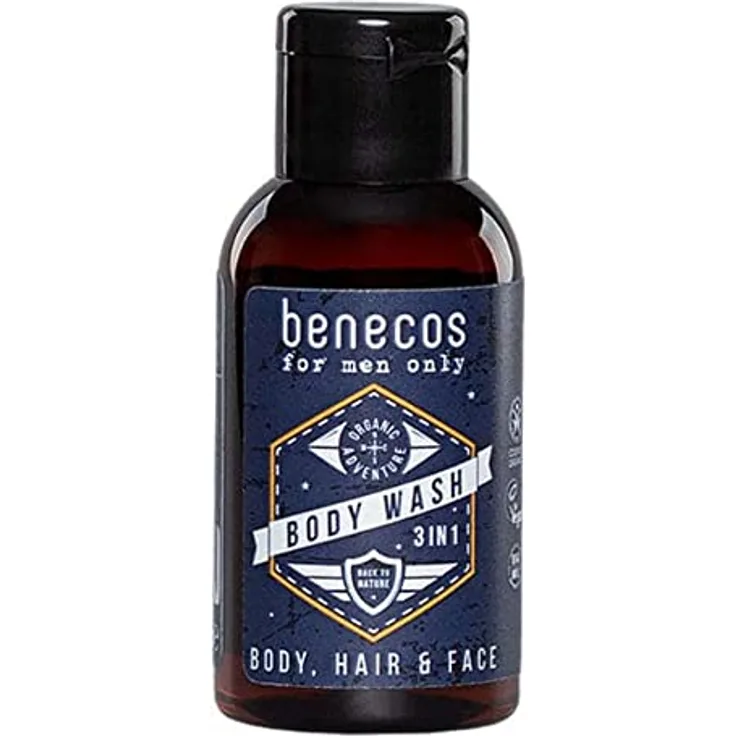 Benecos for men only - Body Wash 3in1 Mini 50ml, Duschgel für Körper, Haare und Gesicht mit Bio-Extrakten, kräuterig-herber Duft