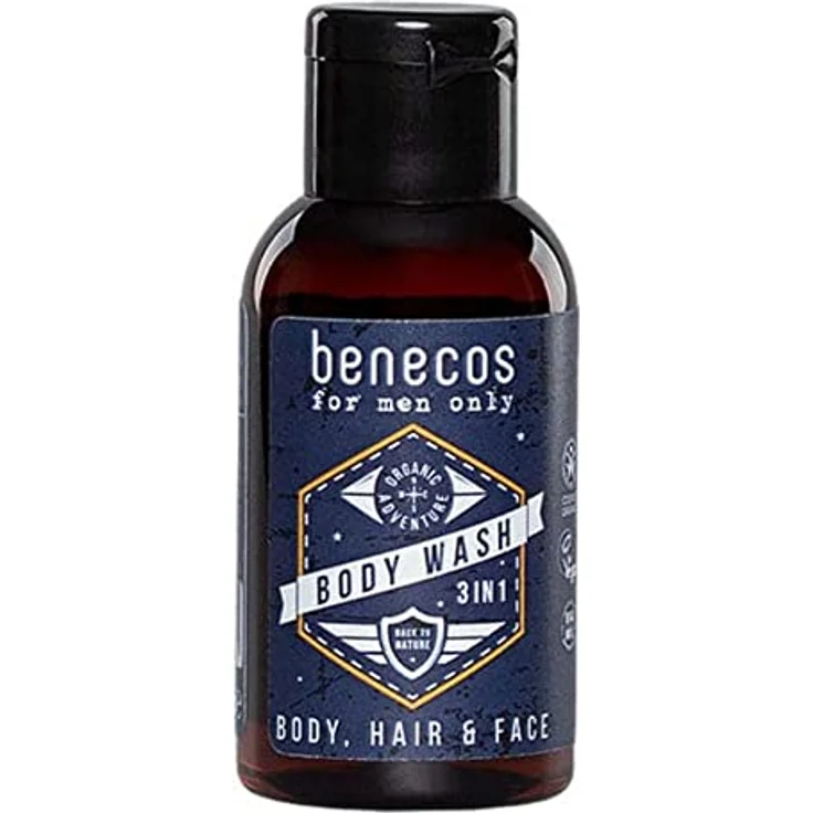 Benecos for men only - Body Wash 3in1 Mini 50ml, Duschgel für Körper, Haare und Gesicht mit Bio-Extrakten, kräuterig-herber Duft