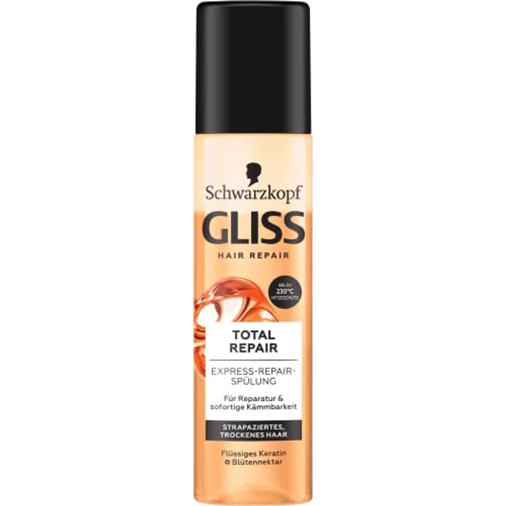 Gliss Express-Repair-Spülung Total Repair (200 ml), Haarspülung sorgt für sofortige Kämmbarkeit und Schutz vor Haarbruch, Pflegespülung mit Hitzeschutz bis zu 230°C