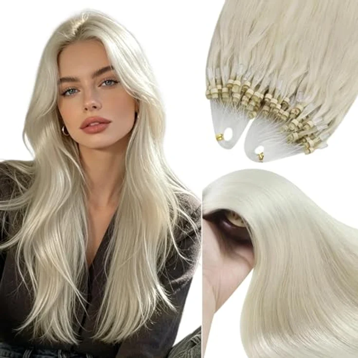 YoungSee Microring Extensions Platinblond, 55 cm Echthaar Microloop Haarverlängerung mit Kaltfusion, 50g Remy Microbead Extensions – Bild 1