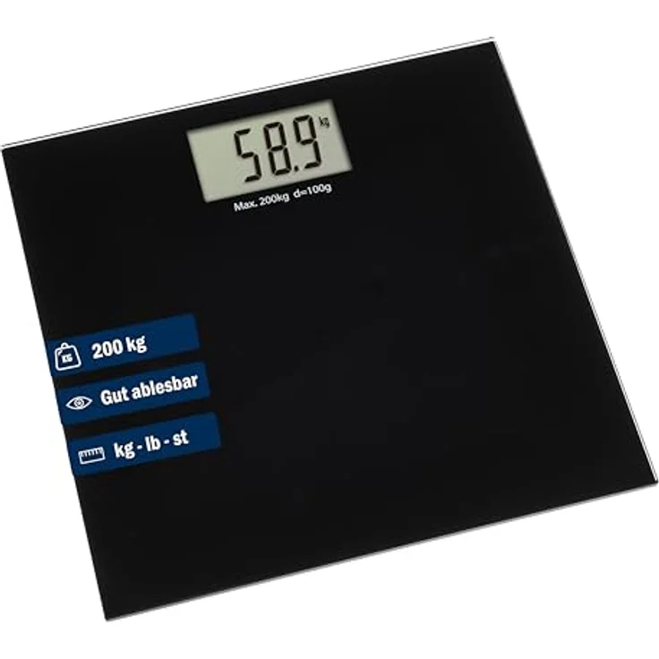 TFA Dostmann Digitale Waage Step Plus, Personenwaage, bis 200 kg, Schlichtes Design, schwarz, Kunststoff, Trittfläche aus gehärtetem Glas, L B 320 x H 22 mm – Bild 2