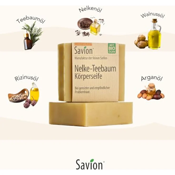 Savion Nelke-Teebaum Handseife 80g, Körperseife mit Teebaumöl, antibiotischen Eigenschaften und rückfettend – Bild 4