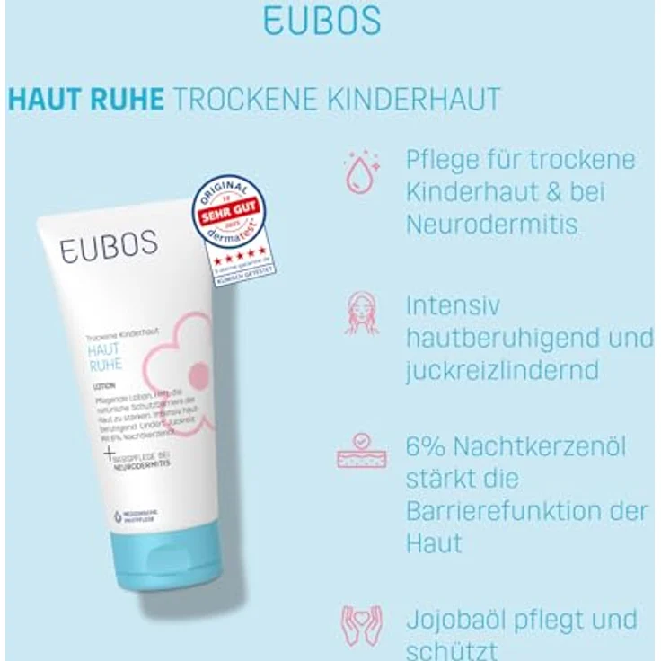 EUBOS Kinder HAUT RUHE Lotion, 200 ml, mit 6% Nachtkerzenöl und Johanniskraut-Extrakt, für trockene Haut, frei von Mikroplastik und Parfüm – Bild 3