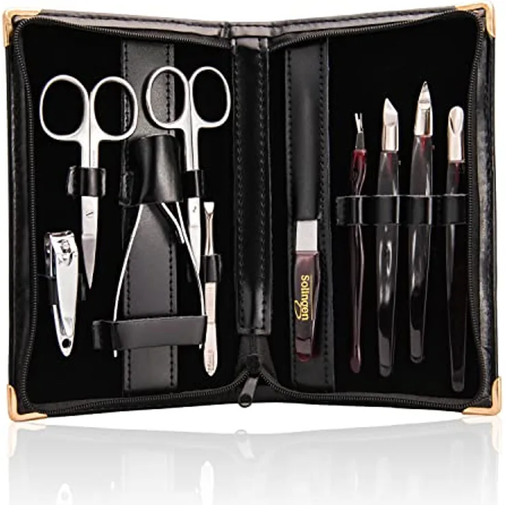 TITANIA Maniküre-Etui Set (10-teilig), schwarzes Echtleder, hochwertiges Nagelpflegeset für Damen & Herren, ideal für Reisen
