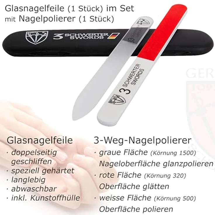 DREI SCHWERTER Glasnagelfeile doppelseitig, geschliffen, 11,5 cm, abwaschbar, inkl. 3-Weg-Nagelpolierer in Kunststoffschutzhülle – Bild 2