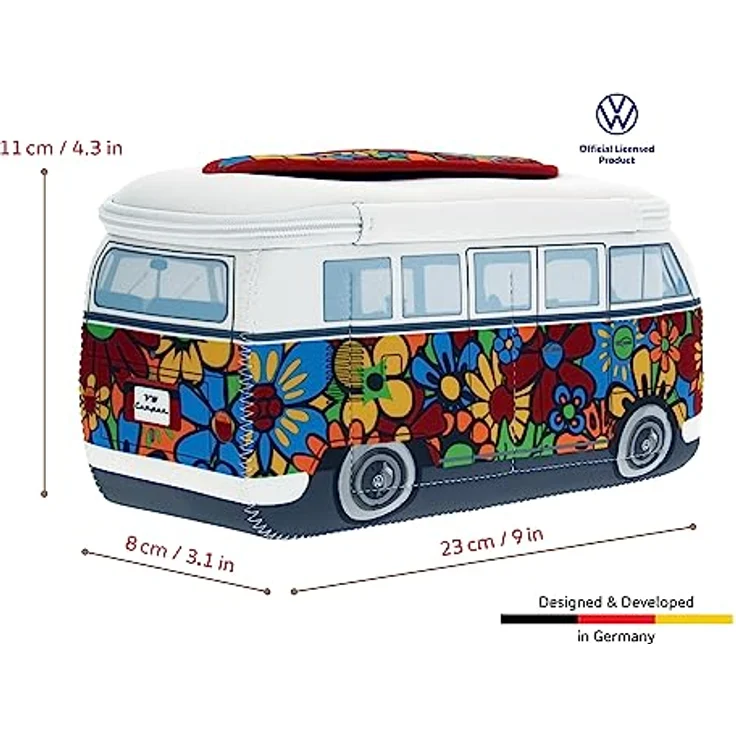 BRISA VW Collection - Volkswagen Neopren Kosmetiktasche T1 Bulli Bus, Flower Muster, klein, 23 x 11 x 8 cm, praktisch mit 5 Fächern und Tragegriff, offiziell lizenziert – Bild 2