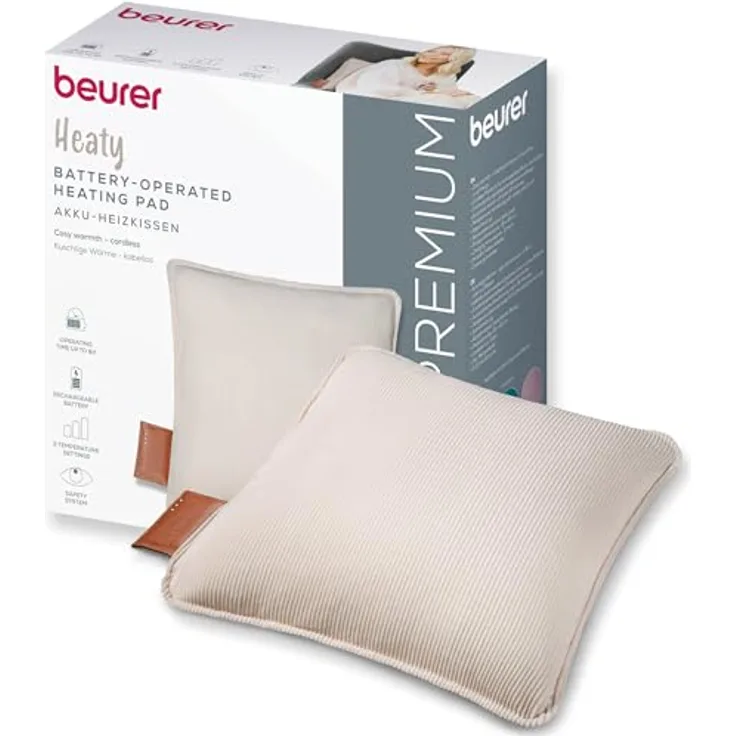 Beurer Heaty Heizkissen, kabelloses Wärmekissen mit Akku für bis zu 8 Stunden Wärme, 3 Temperaturstufen, Schnellheizung, Abschaltautomatik, weicher Cordstoff, cashmere-creme/weiß