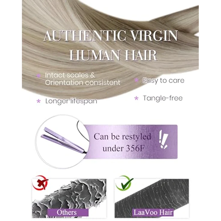 LaaVoo Nanoring Extensions Echthaar, 50cm aschblond-hightlighted, gebleichtes Blond, 50g, unsichtbare Mikro-Ringe, Remy-Echthaar, wiederverwendbar – Bild 4