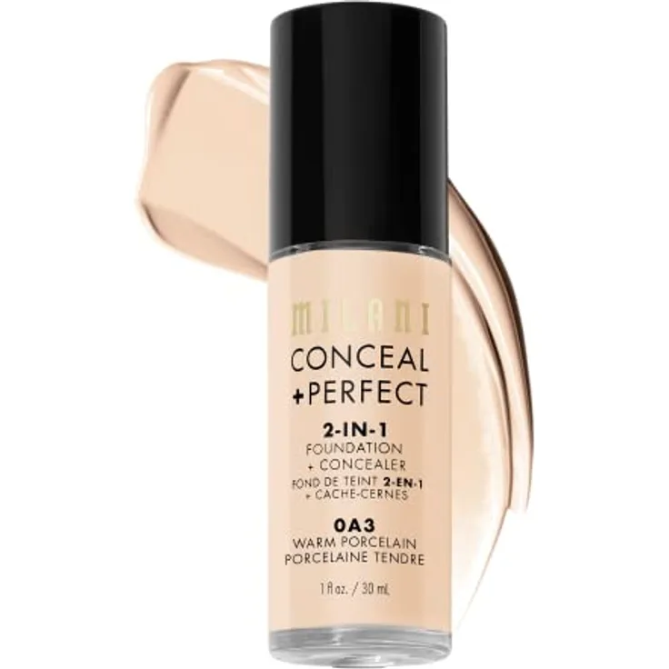 Milani Conceal + Perfect 2in1 Foundation, wasserfeste Foundation für einen gleichmäßigen Hautton, 30 ml, Warm Porcelain/0A3