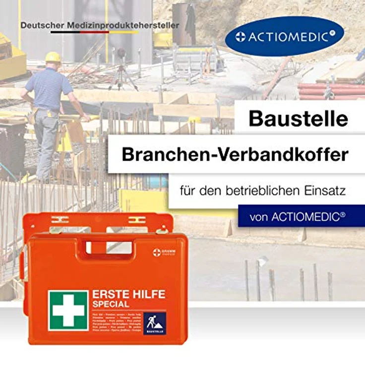 ACTIOMEDIC Erste-Hilfe-Kasten SPECIAL BAUSTELLE, DIN 13157:2021, orangefarben, Notfallkoffer mit Wandhalterung und mehrsprachiger Beschriftung, 42 x 33 x 15 cm, inklusive zusätzlichem Zubehör – Bild 2
