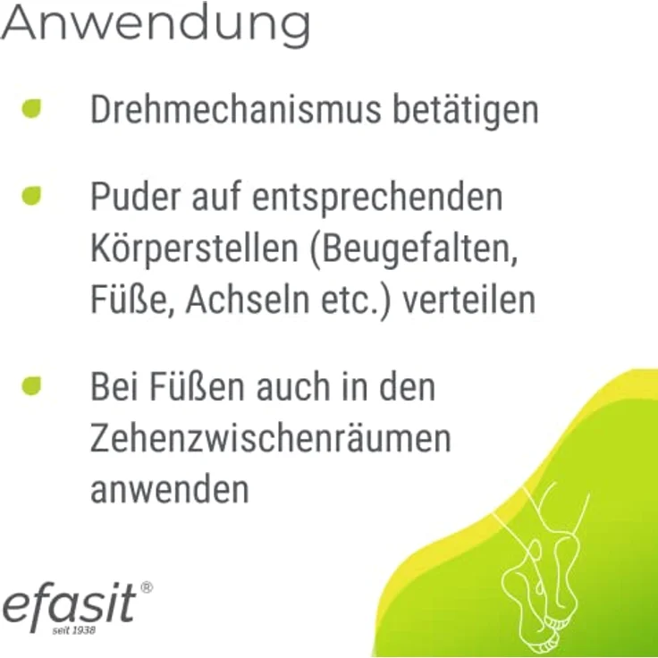 Efasit Fuß und Körper Puder, 100g - Gegen schwitzende Füße, ideal bei Fußgeruch und Schweißfüße, bindet Feuchtigkeit, schützt die Haut und sorgt für angenehmen Geruch – Bild 4