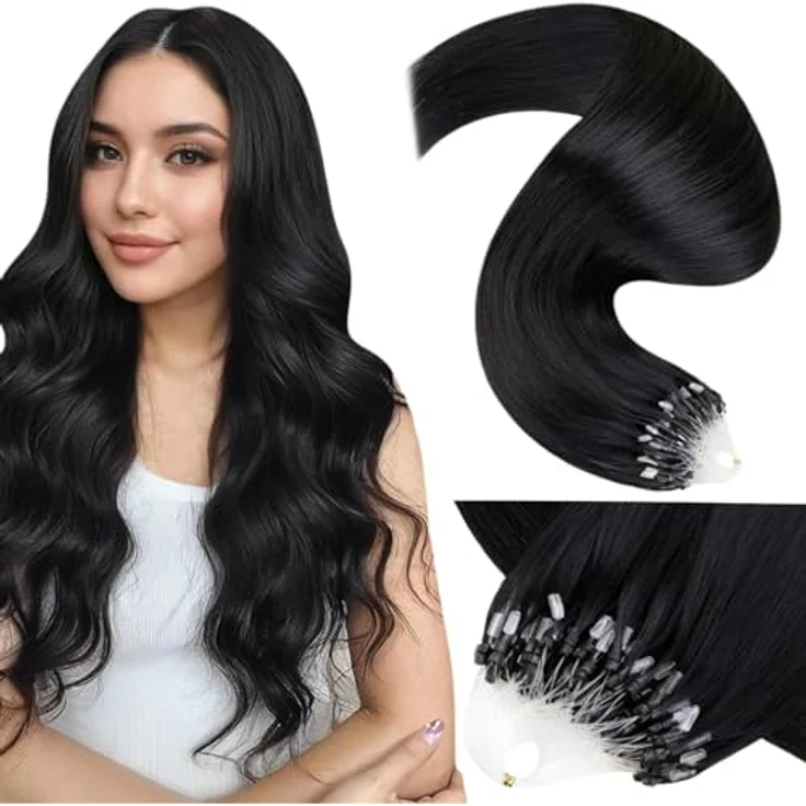 LaaVoo Microring Extensions, Echthaar Remy, Schwarz, 50g, 1g/s, 40cm, wiederverwendbar und hitzestyling geeignet – Bild 1