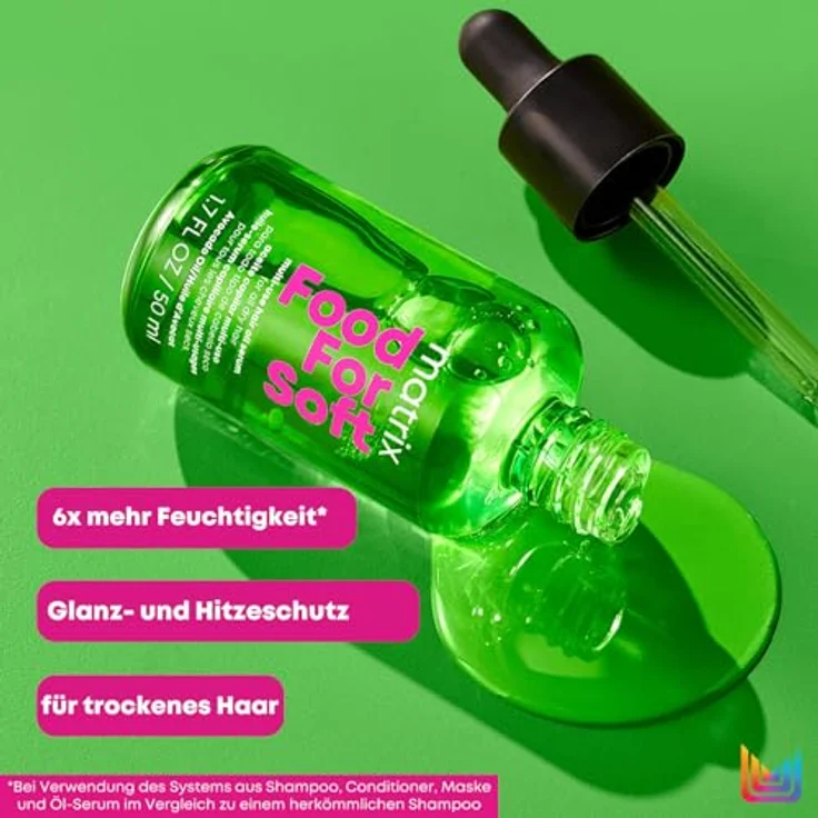 Matrix Leave-In Öl-Serum für trockenes bis sehr trockenes Haar, Mit Avocado-Öl und Hyaluronsäure, Hitzeschutz bis 230°C, Feuchtigkeitsspendend, Vegane Formel, Food For Soft, 1 x 50 ml – Bild 4