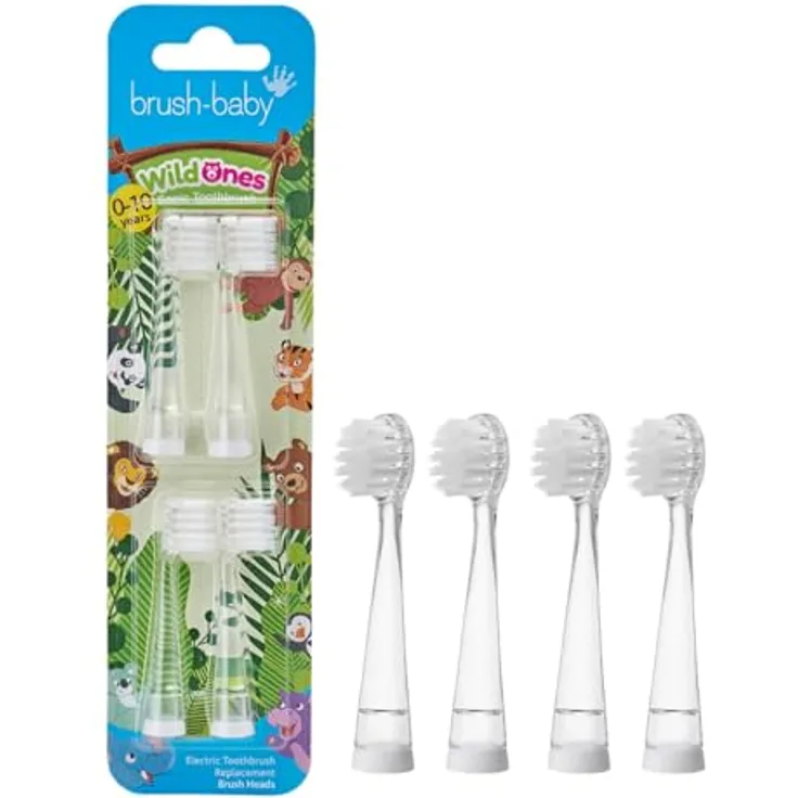 Brush-Baby WildOnes Ersatzbürstenköpfe, 4 Stück, DeepClean-Borsten für Schallzahnbürsten, geeignet für 0-10 Jahre