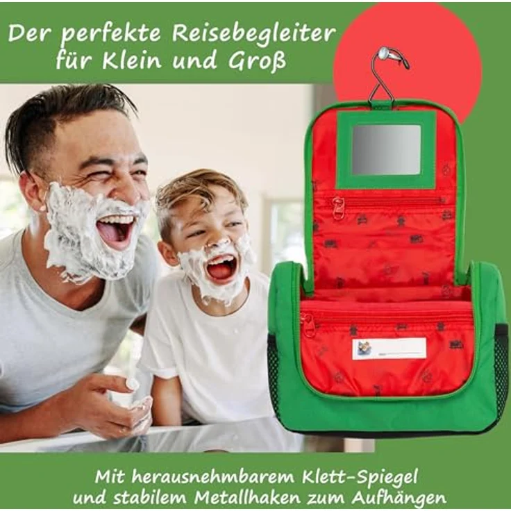 GRINSEZWERGE Kinder Kulturtasche, Reise Kulturbeutel zum Aufhängen mit großem Hauptfach, 3 Reißverschluss- und 4 Netztaschen, inklusive abnehmbarem Spiegel und Namensschild, premium Qualität und praktischer Metallhaken – Bild 2