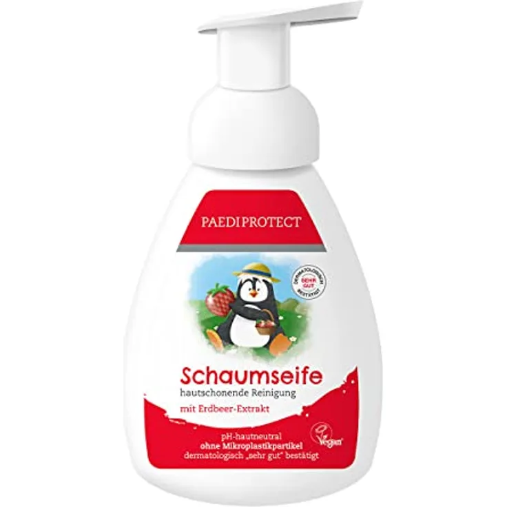 PAEDIPROTECT Schaumseife Erdbeere Kinder Erwachsene 250 ml, feuchtigkeitsspendende Seife mit Aloe-Vera, reinigend, pH-neutrale vegane Handseife