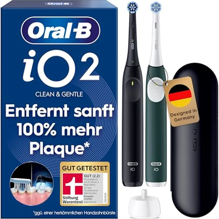 Oral-B iO Series 2, Elektrische Zahnbürste mit sanften Mikrovibrationen und zwei Handstücken, Night Black/Forest Green – Bild 1