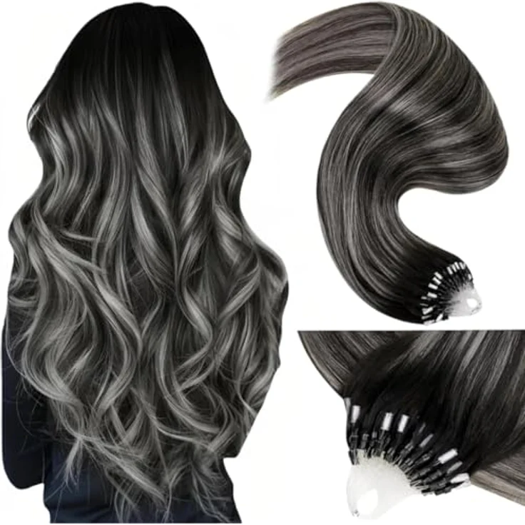 LaaVoo Microring Extensions Echthaar Micro Loop Ombre Silber, 50g Balayage Extensions mit ultrakleinen Perlen, wiederverwendbar und hitzestylingfähig – Bild 1